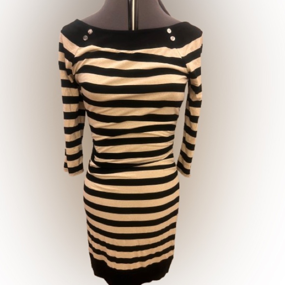 White House Black Market Black and Champagne Gold Striped Women's Dress